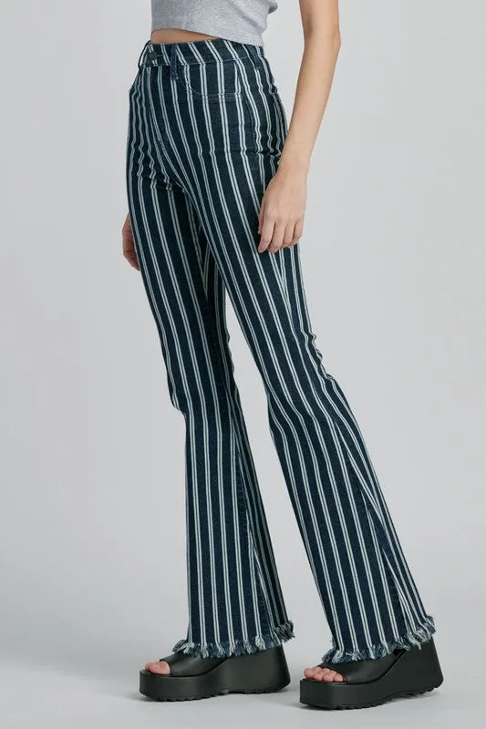 Cello Stripe High Rise Super Flare with Fray Hem