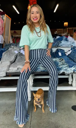 Cello Stripe High Rise Super Flare with Fray Hem