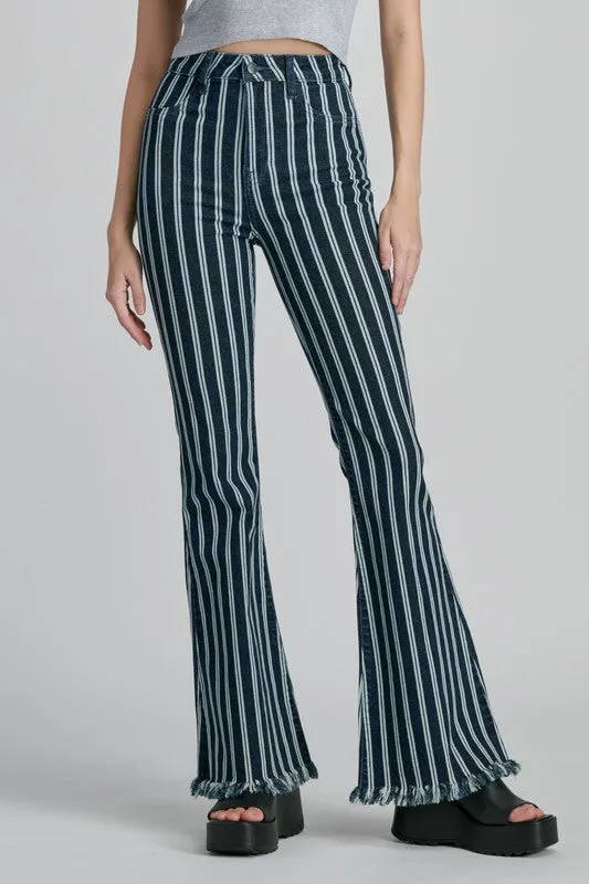 Cello Stripe High Rise Super Flare with Fray Hem