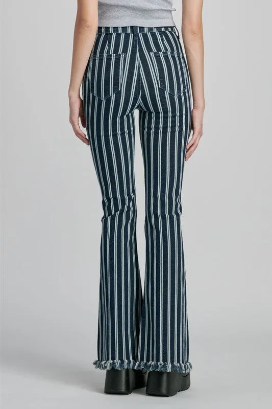 Cello Stripe High Rise Super Flare with Fray Hem